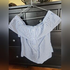 Veronica Beard Blue and White Striped One Piece with Ruffled Overlay